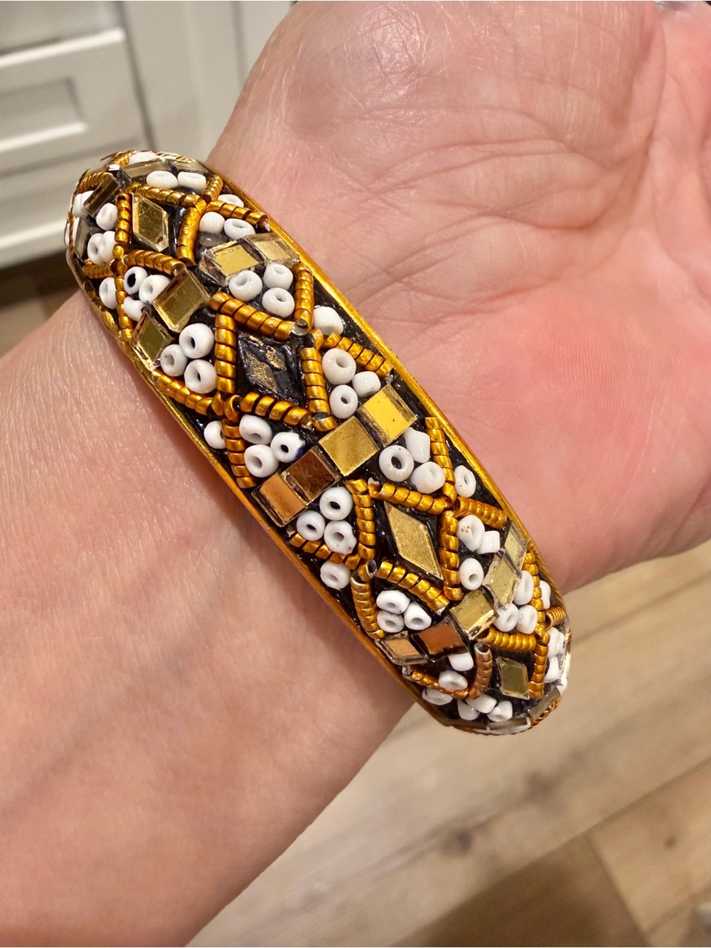 Vintage 1970s India Beaded Bangle Bracelet Black Gold Lac Lacquer Mirror Mosaic